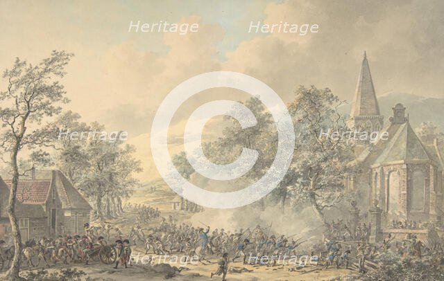 Battle Scene with Church at right, ca. 1790-1800. Creator: Dirk Langendijk.