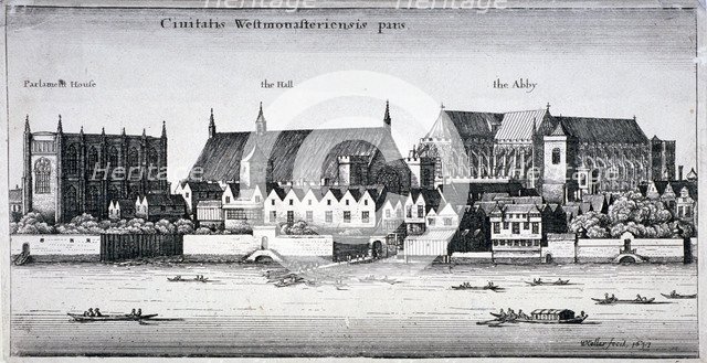 Westminster Abbey and the Palace of Westminster from the River Thames, London, 1647. Artist: Wenceslaus Hollar