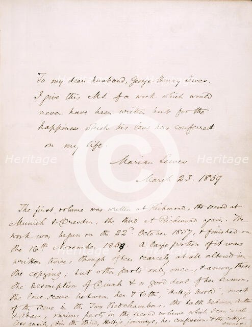 Dedication from George Eliot (Marian Lewes) to her partner, George Henry Lewes,...1859 Creator: George Eliot.
