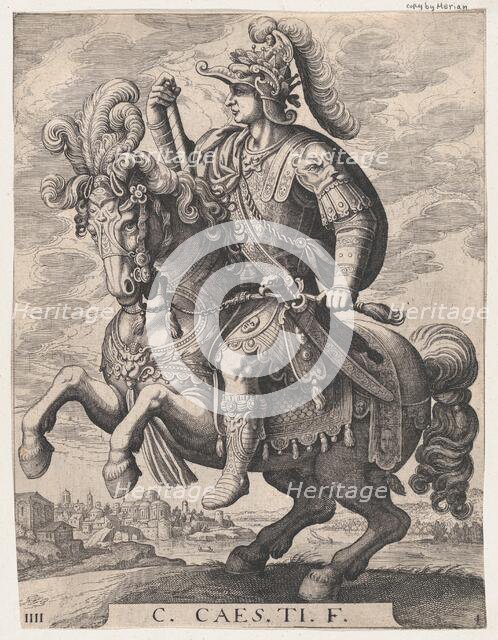 Plate 4: Emperor Gaius on Horseback, from 'The First Twelve Roman Caesars', after Tempe..., 1610-50. Creator: Matthaus Merian.