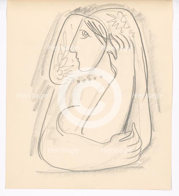 Woman in a flowered scarf supporting her ears, 1938. Creator: Mikulas Galanda.