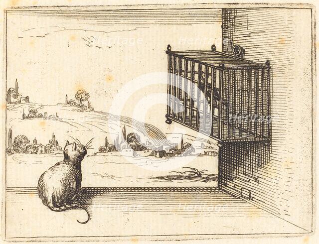 Cat Watching Caged Bird, 1628. Creator: Jacques Callot.