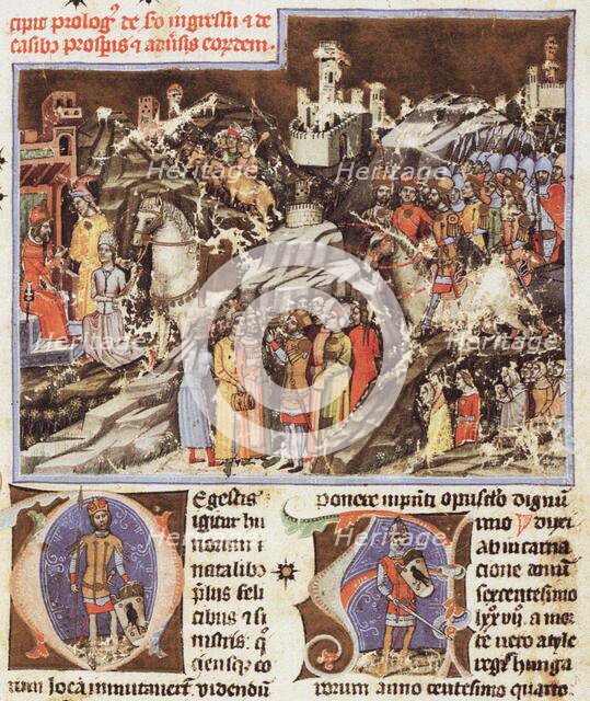 Hungarian conquest of the Carpathian Basin. Miniature from the Chronicon Pictum, ca 1365. Creator: Mark of Kalt (Kalti Mark) (active 1336-1373).
