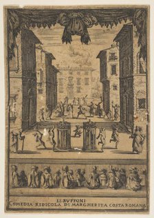 Frontispiece for the comedy 'The Buffoons' (Li Buffoni), a set on stage resembling a p..., ca. 1639. Creator: Stefano della Bella.
