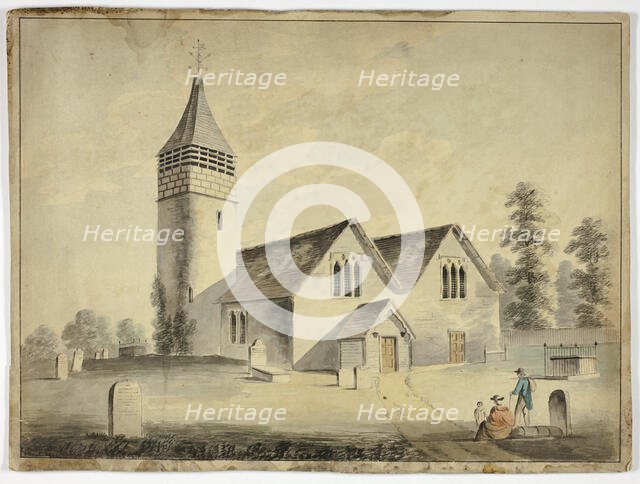 Man, Woman and Child in Churchyard Cemetary, 1800-1899. Creator: Unknown.