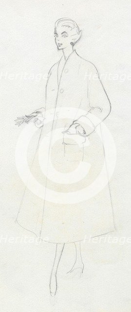 Woman in duster coat, c1950. Creator: Shirley Markham.