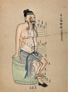 Acupuncture chart with a series of points indicated on the figure of a seated Chinese man, 1700-1799 Creator: Unknown.