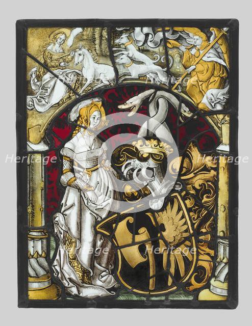 Heraldic Panel with Arms of Lichtenfels and a Unicorn Hunt, c. 1515. Creator: Unknown.