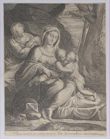 The Holy Family with infant Saint John the Baptist kneeling at right, 1550-1600. Creator: Anon.