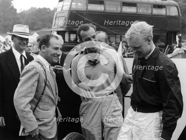 Stirling Moss with Harry Schell and Mike Hawthorn, Crystal Palace, July 1955. Artist: Unknown