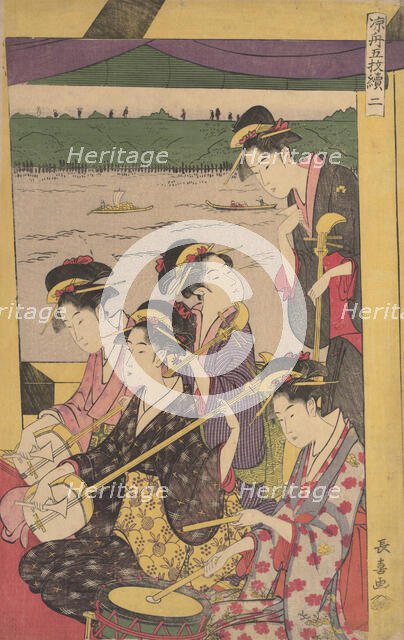 A Party of Geisha in a Suzumi-bune, i.e. "cooling-off boat." (Second Scene of a Boatin..., ca. 1796. Creator: Eishosai Choki.