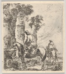 Plate 19: a rider making his horse drink from a basin of a fountain at left, another h..., ca. 1646. Creator: Stefano della Bella.