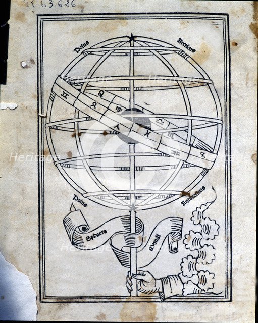 Astronomicon', cover of the work with an armillary sphere, published in Venice in 1485.