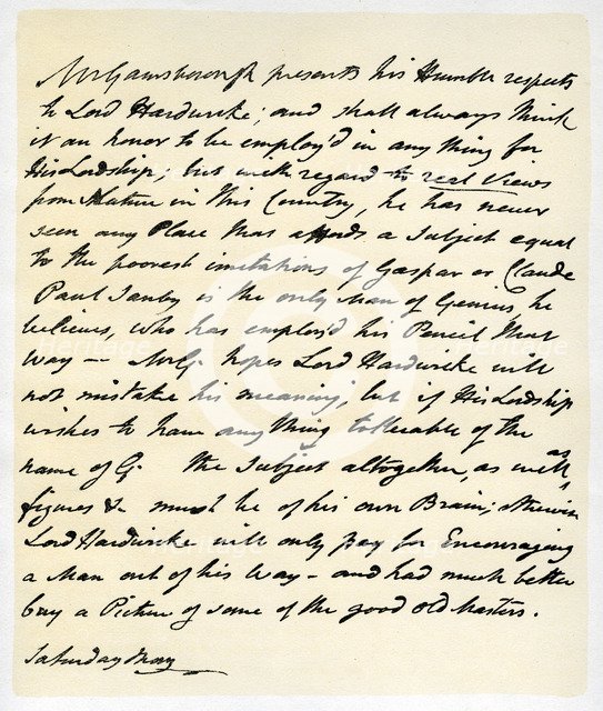 Letter from Thomas Gainsborough to Lord Hardwicke, c1760-1770.Artist: Thomas Gainsborough