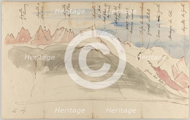 The Mont Blanc range from near Chamonix (recto): Sketches of the Mont Blanc range from the..., 1843. Creator: John Ruskin.
