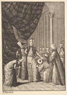 Sultan Ahmed III Crowned in the Mosque at Eyups (Aubry de La Mottraye's "Travels throug..., 1723-24. Creator: William Hogarth.