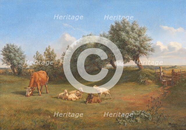 Cow and sheep, 1847. Creator: Andreas Peter Madsen.