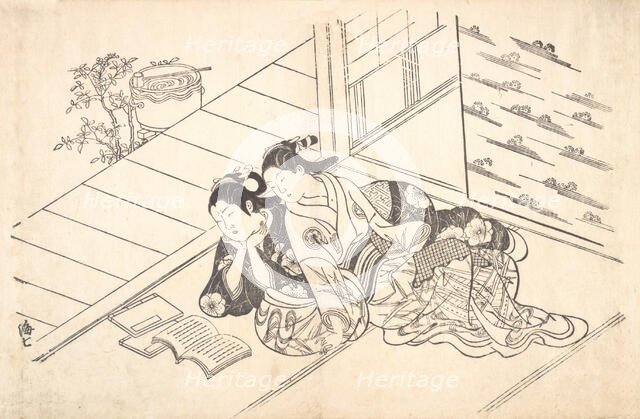 Two Women Reclining on the Floor of a Room and Reading a Book, ca. 1730., ca. 1730. Creator: Nishikawa Sukenobu.