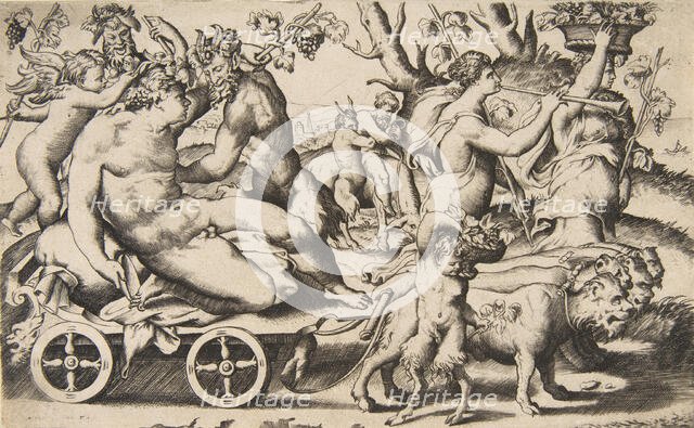 Triumph of Bacchus who is seated on a carriage at left, 1531-76. Creator: Giulio Bonasone.