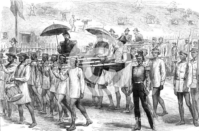 Sketches in Madagascar: British naval officers arriving on a visit to the Governor of Tamatave, 1881 Creator: Unknown.