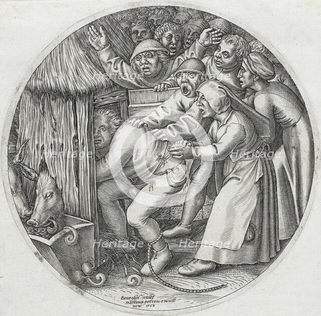 The Drunken Peasant Pushed into a Pigsty, 1568. Creator: Jan Wierix.