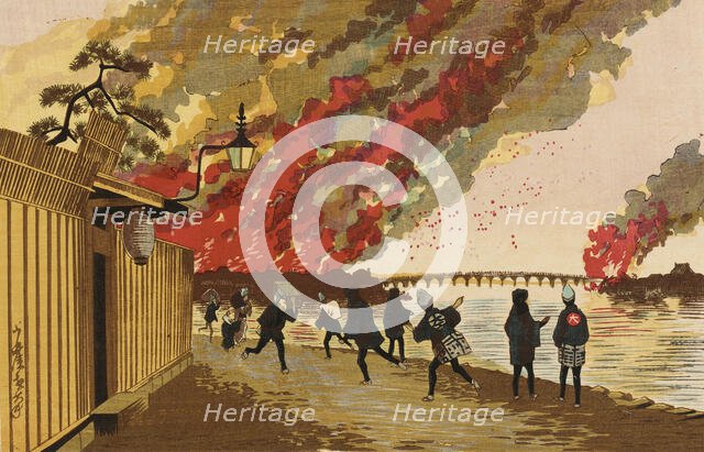 The Ryogoku Fire Sketched from Hamacho on the 26th of January, 1881, (1881). Creator: Kobayashi Kiyochika.