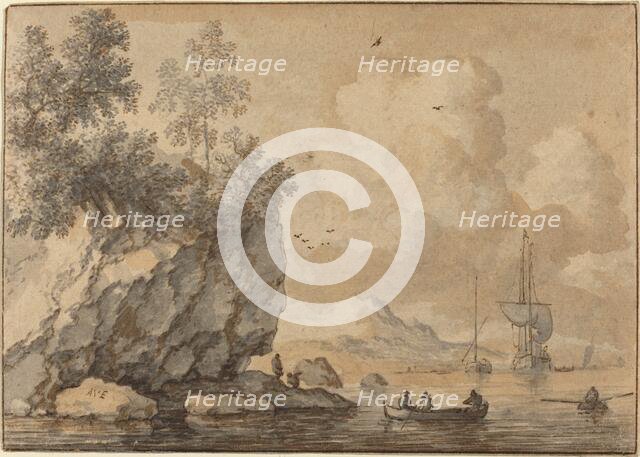 Figures in Rowing Boats in a Rocky Cove, Sailing Ships Beyond. Creator: Allart van Everdingen.
