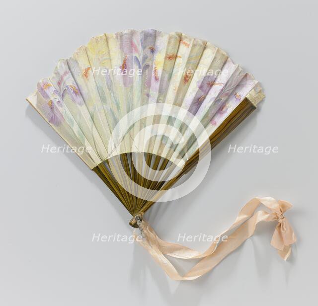 Folding silk fan painted with yellow and mauve irises, 1911.  Creator: C.D. le Lorrain.