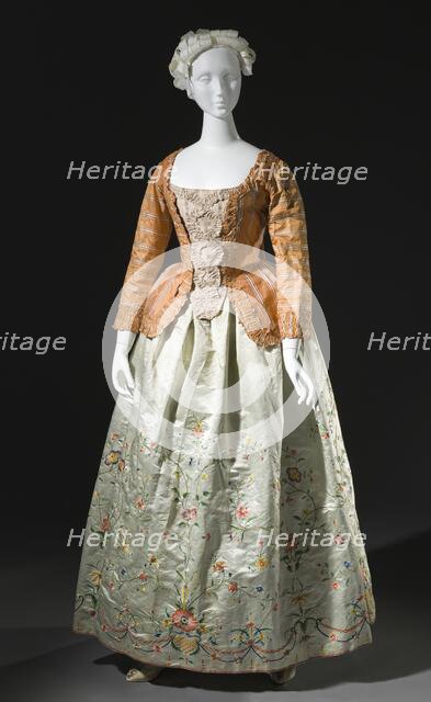 Woman's striped silk sack-back jacket (caraco), Europe, c.1760, altered c.1780. Petticoat: c.1785. Creator: Unknown.