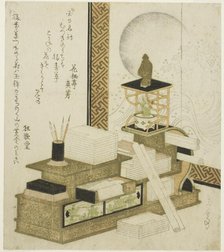Bookcase with Writing Utensils, Books, and Potted Adonis, c. 1820s/30s. Creator: Gakutei.