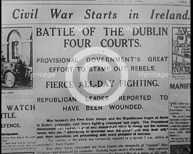 Newspaper Headline 'Civil War Starts in Ireland', 1922. Creator: British Pathe Ltd.