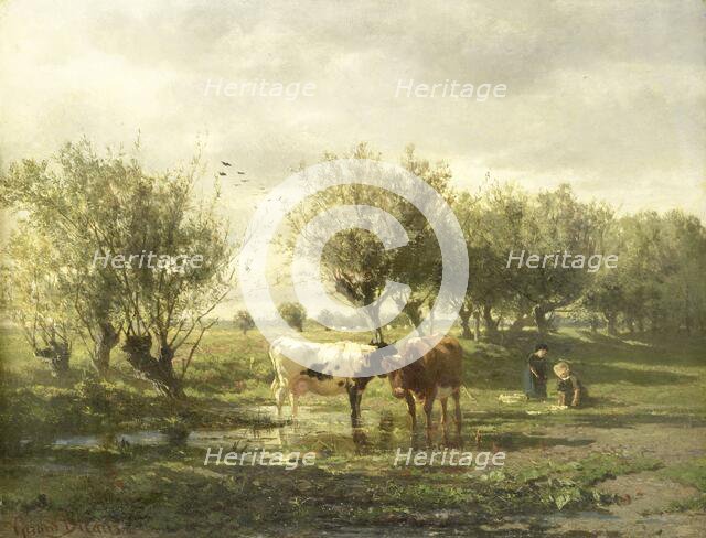 Cows at a pond, 1860-1865. Creator: Gerard Bilders.
