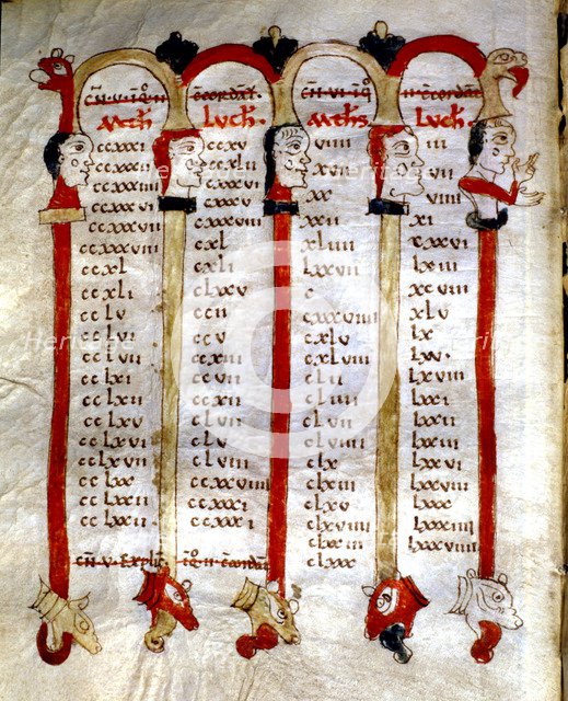 Table of concordance of the four gospels, biblical references are framed between columns crowned …