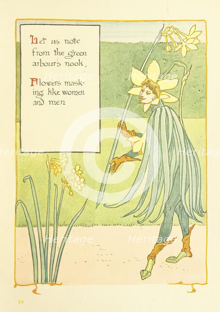 Let us note from the green arbour's nook, Flowers masking like women and men, 1899.  Creator: Walter Crane.