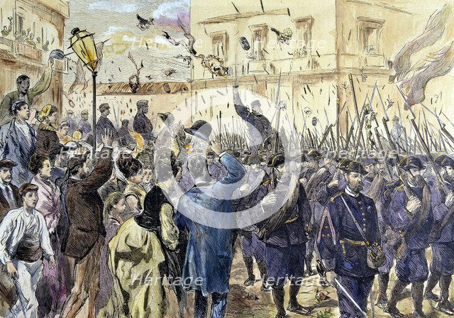 Liberation of Bilbao during the Third Carlist War in 1874, colored engraving in 'La Ilustración E…