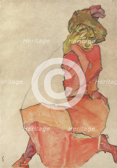 Kneeling Female in Orange-Red Dress, 1910. Artist: Schiele, Egon (1890–1918)
