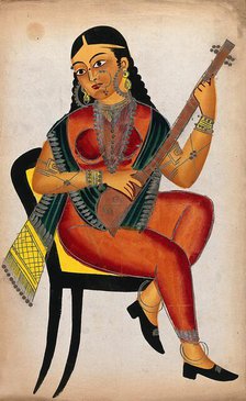 A seated courtesan playing a sitar. Creator: Unknown.