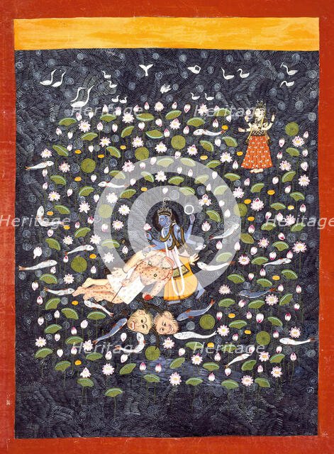 Vishnu Vanquishing the Demons Madhu and Kaitabha (recto).., c1775. Creator: Unknown.