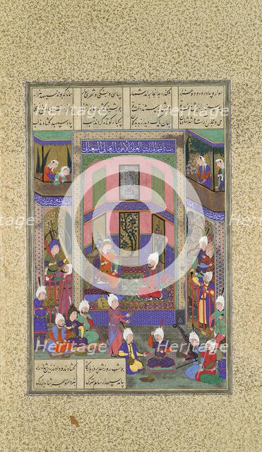 Manuchihr Welcomes Sam but Orders War upon Mihrab, Folio 80v from the Shahnama..., c.1525. Creator: 'Abd al-'Aziz.