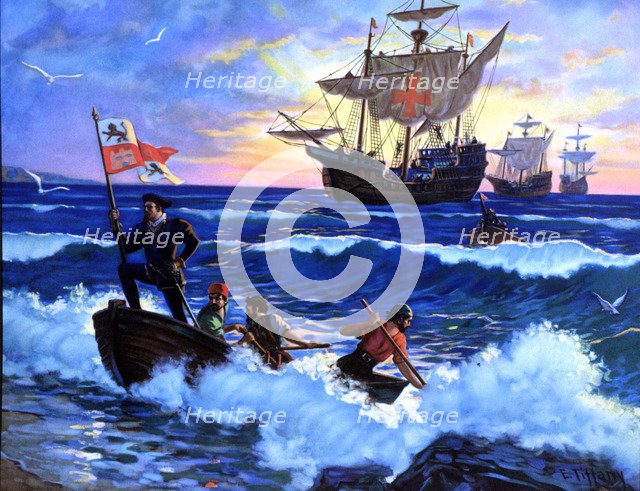 Time of arrival and landing of Columbus to the island of San Salvador in 1492, colored engraving.