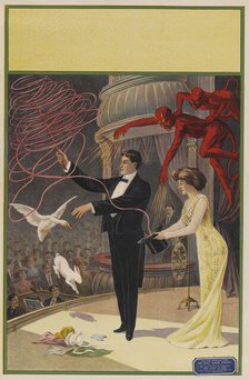 Magician with devils, assistant, goose and rabbit, c1900. Creator: Unknown.