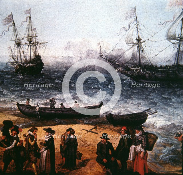 Ships of the Indian British Company ready to depart from a port, detail of an oil on wood by Adam…