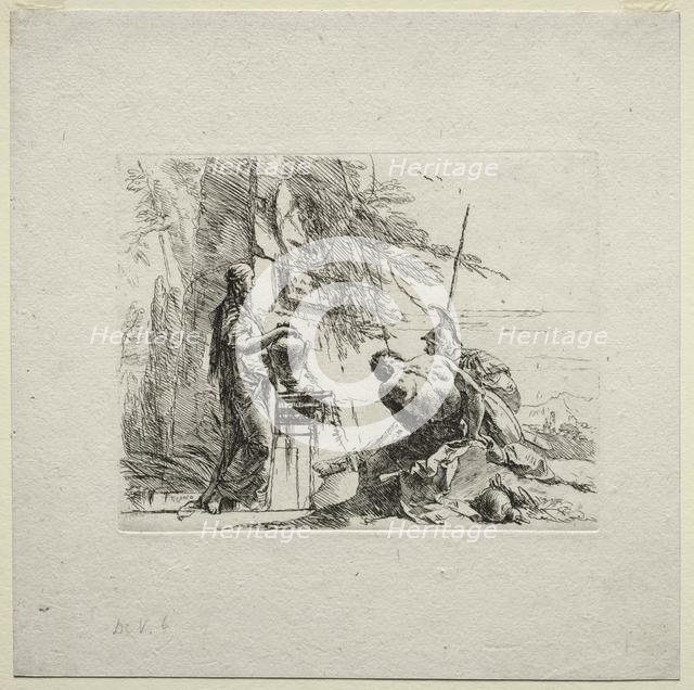 Various Caprices: The Woman Standing with Hands on a Vase, 1785. Creator: Giovanni Battista Tiepolo (Italian, 1696-1770).