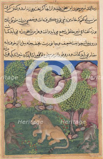 Tuti-Nama (Tales of a Parrot): Tale XXVIII: The Monkey Advises the Suspicious Lion..., c. 1560. Creator: Unknown.