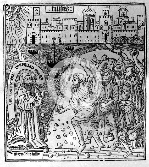 Ramon Llull (1233-1315-16), Catalan writer, engraving of his martyrdom and stoning in Tunisia, pr…