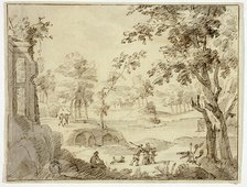Figures in Landscape with Ruins and Castle, n.d. Creator: Unknown.