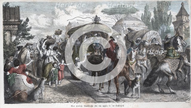 Carriages and pedestrians by the Via Apia in the age of emperors, engraving 1881.