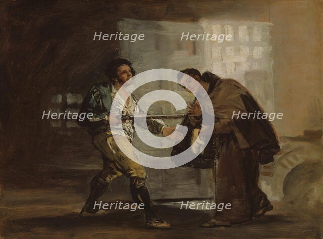 Friar Pedro Offers Shoes to El Maragato and Prepares to Push Aside His Gun, c. 1806. Creator: Francisco Goya.