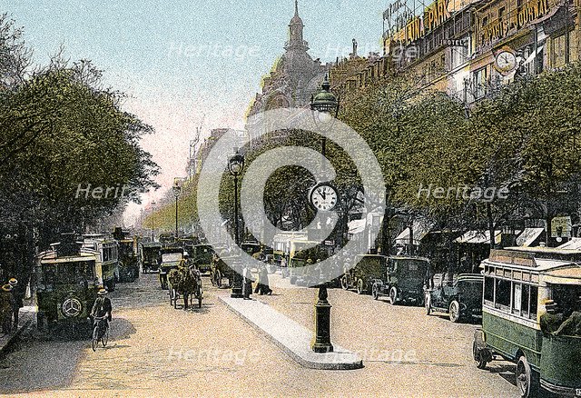 Boulevard des Italiens, Paris, with cars and motor buses on the street, c1900. Artist: Unknown