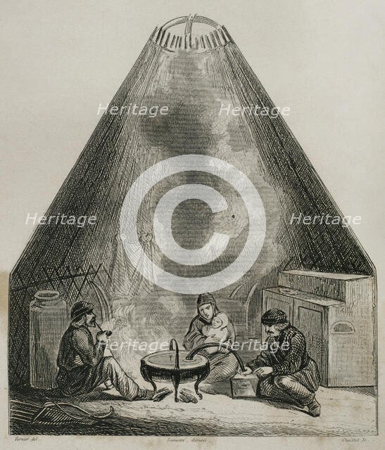 Inside view of a Kalmyk yurt, called gher, Russia, 1839.  Creator: Emile Louis Vernier.